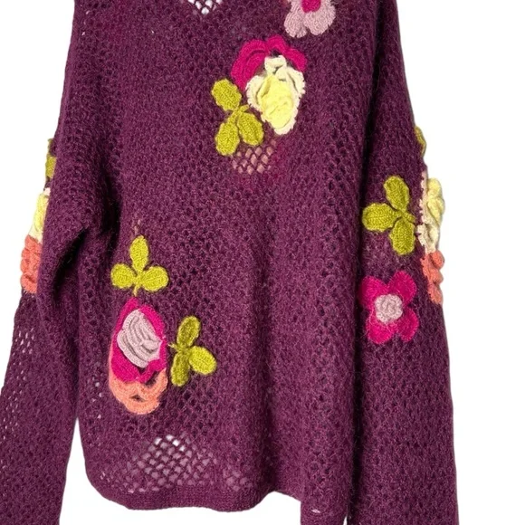 Vintage Crochet Floral Cardigan Purple Appliqué Boho Cottagecore Sz M - Picture 9 of 13